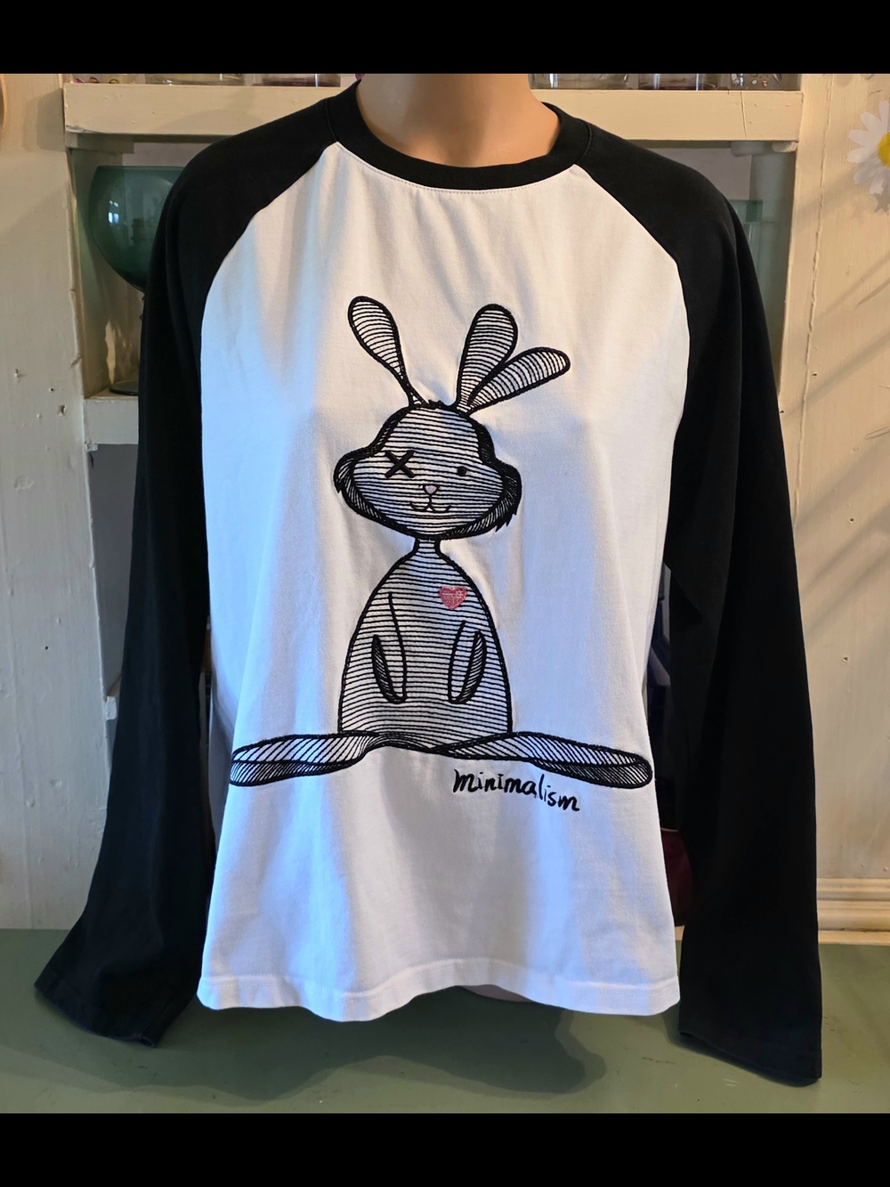 Minimalism Gather Long Sleeve Tee Jersey Women's M/L Rabbit Black White EUC
